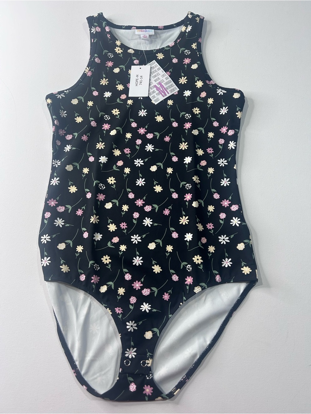 NWT LuLaRoe Medium Hope Black Floral Sleeveless Leotard Bodysuit